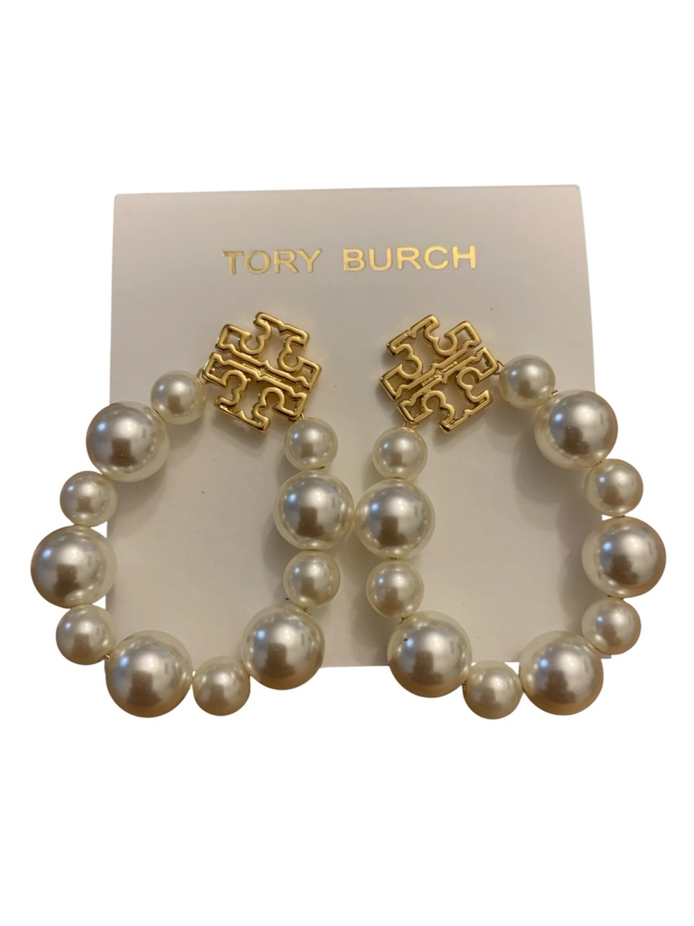 Tory Burch Gold Logo Pearl Hoop Earrings in Pearl White